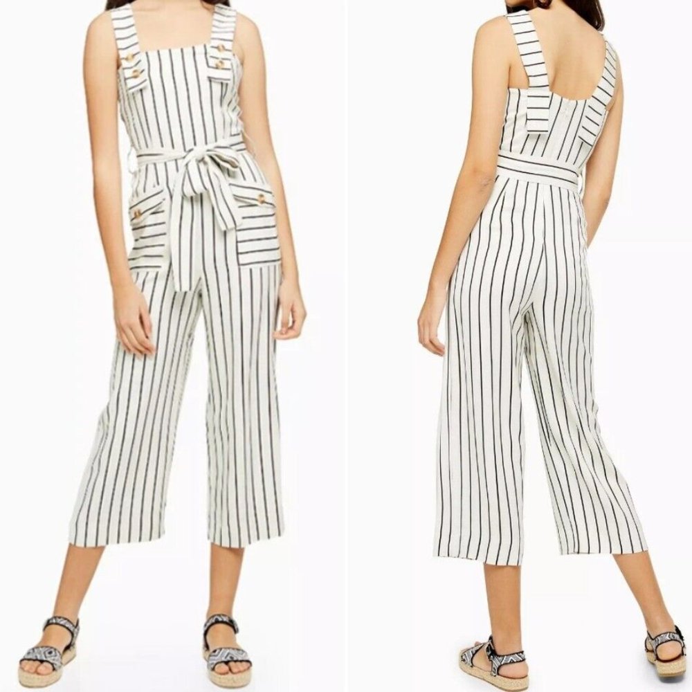 NWT Topshop Stripe Wide Leg Crop Linen Blend Jumpsuit Ivory Multi US2 MSRP $110